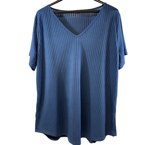 Blue Ribbed V-Neck Short Sleeve Top, Lightweight Knit, Plus Size 2XL - Picture 1 of 6